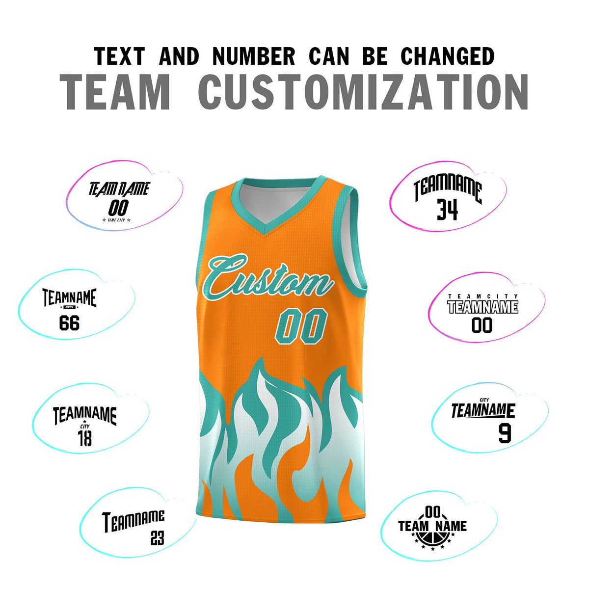 Custom Orange Bright Green Hem Flame Pattern Fashion Sports Uniform Basketball jersey