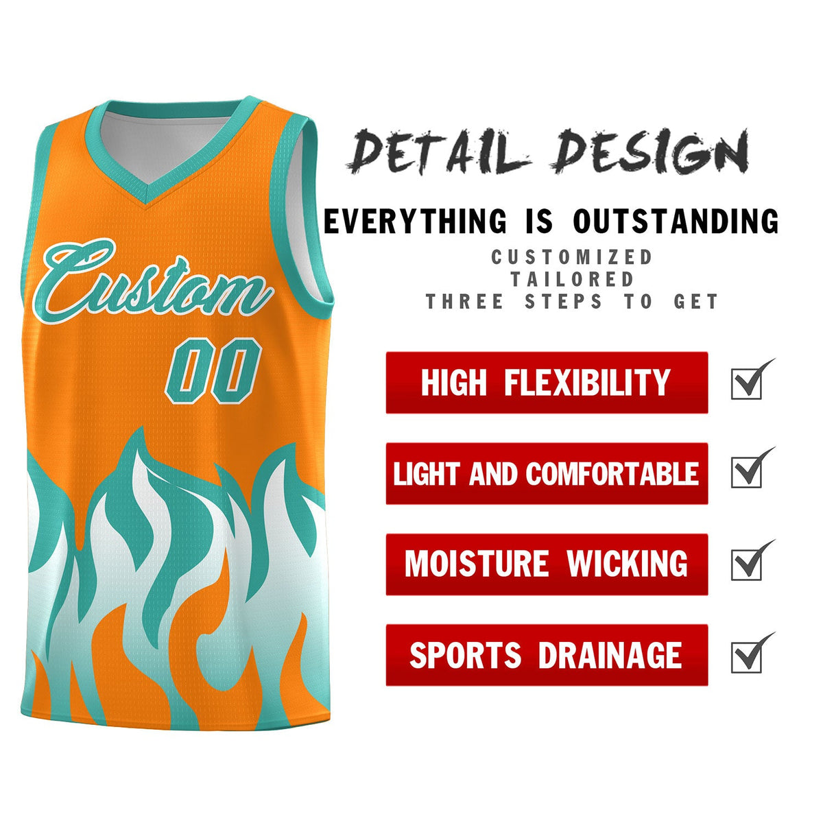 Custom Orange Bright Green Hem Flame Pattern Fashion Sports Uniform Basketball jersey