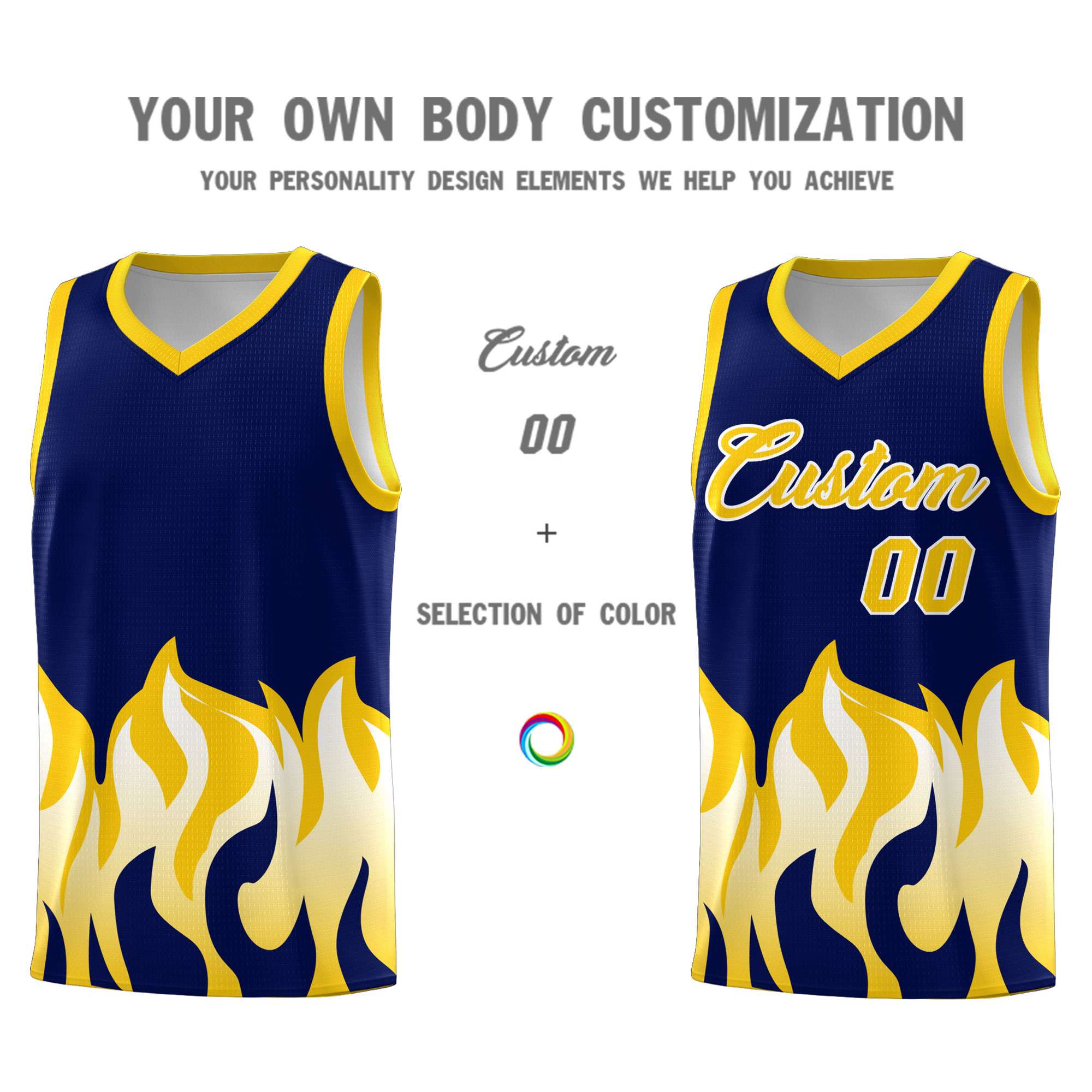 Custom Navy Gold Hem Flame Pattern Fashion Sports Uniform Basketball jersey