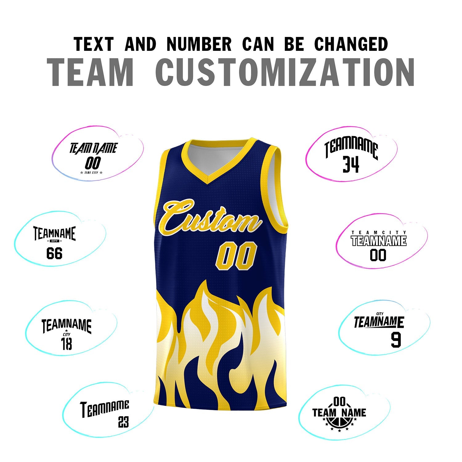 Custom Navy Gold Hem Flame Pattern Fashion Sports Uniform Basketball jersey