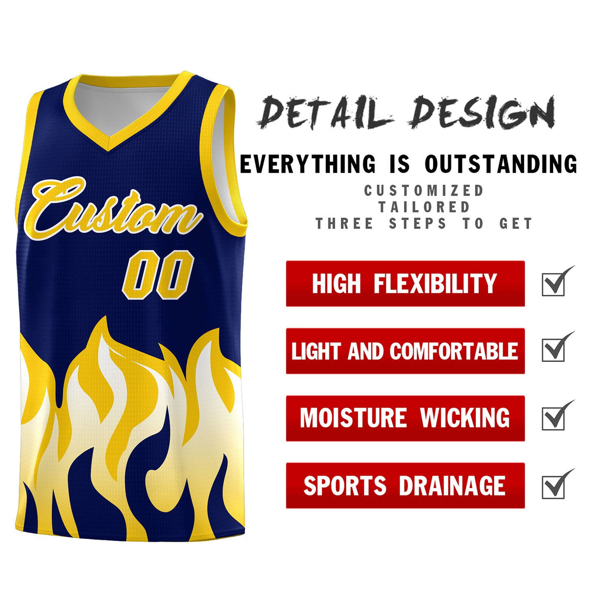 Custom Navy Gold Hem Flame Pattern Fashion Sports Uniform Basketball jersey
