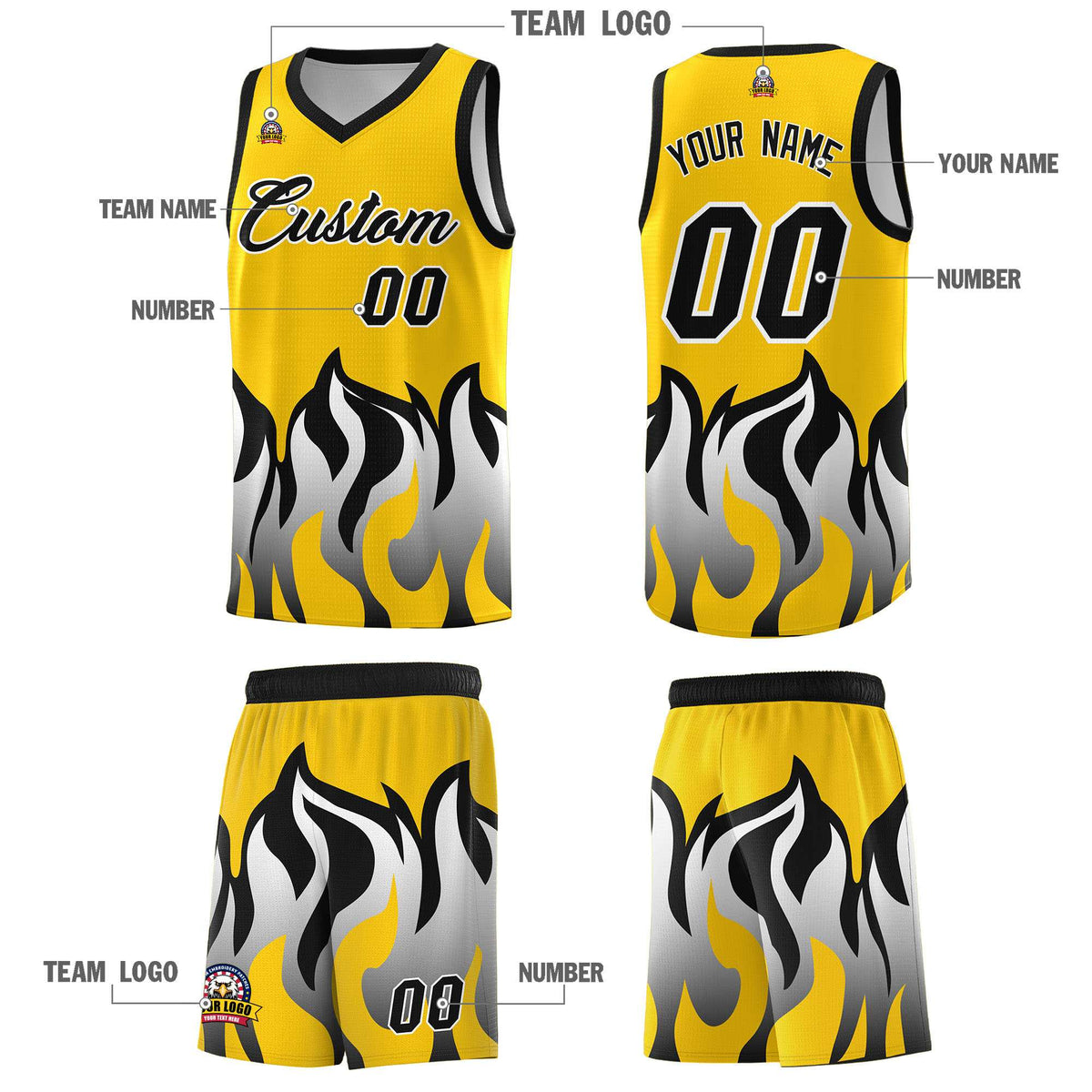 Custom Gold Black Hem Flame Pattern Fashion Sports Uniform Basketball jersey