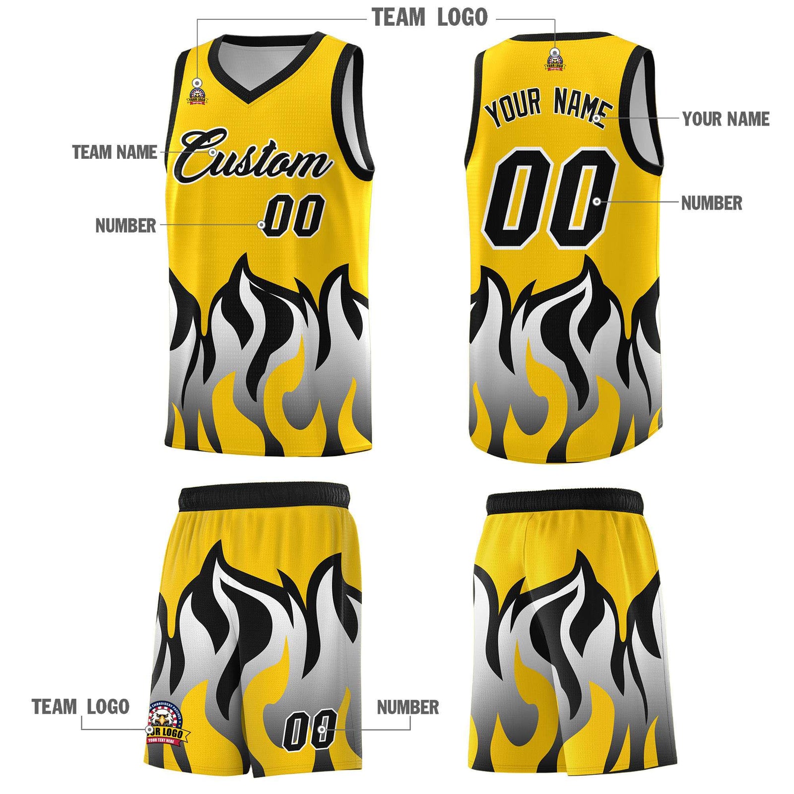 Custom Gold Black Hem Flame Pattern Fashion Sports Uniform Basketball jersey