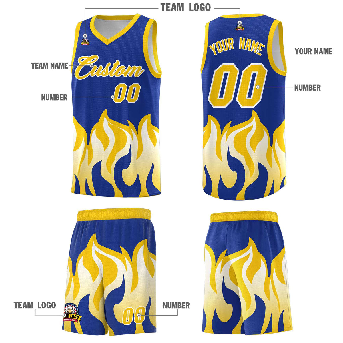 Custom Royal Gold Hem Flame Pattern Fashion Sports Uniform Basketball jersey