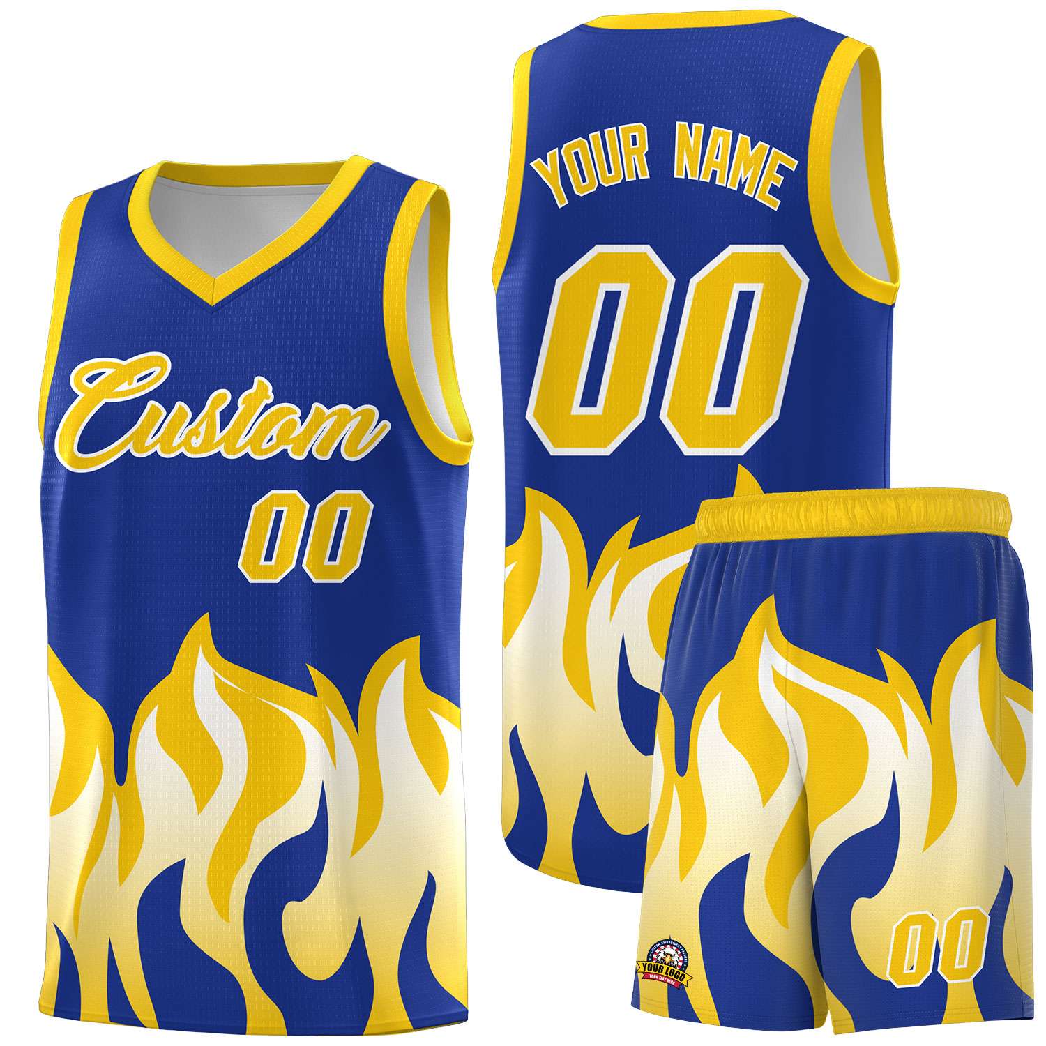 Custom Royal Gold Hem Flame Pattern Fashion Sports Uniform Basketball jersey