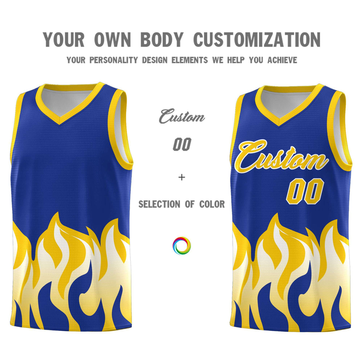 Custom Royal Gold Hem Flame Pattern Fashion Sports Uniform Basketball jersey