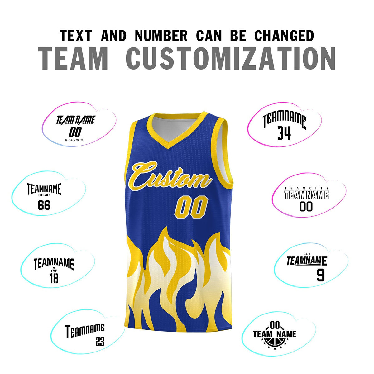 Custom Royal Gold Hem Flame Pattern Fashion Sports Uniform Basketball jersey