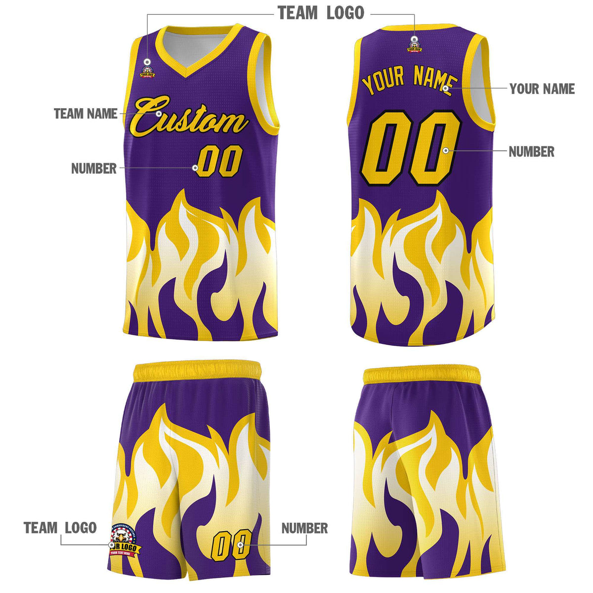 Custom Purple Gold Hem Flame Pattern Fashion Sports Uniform Basketball jersey