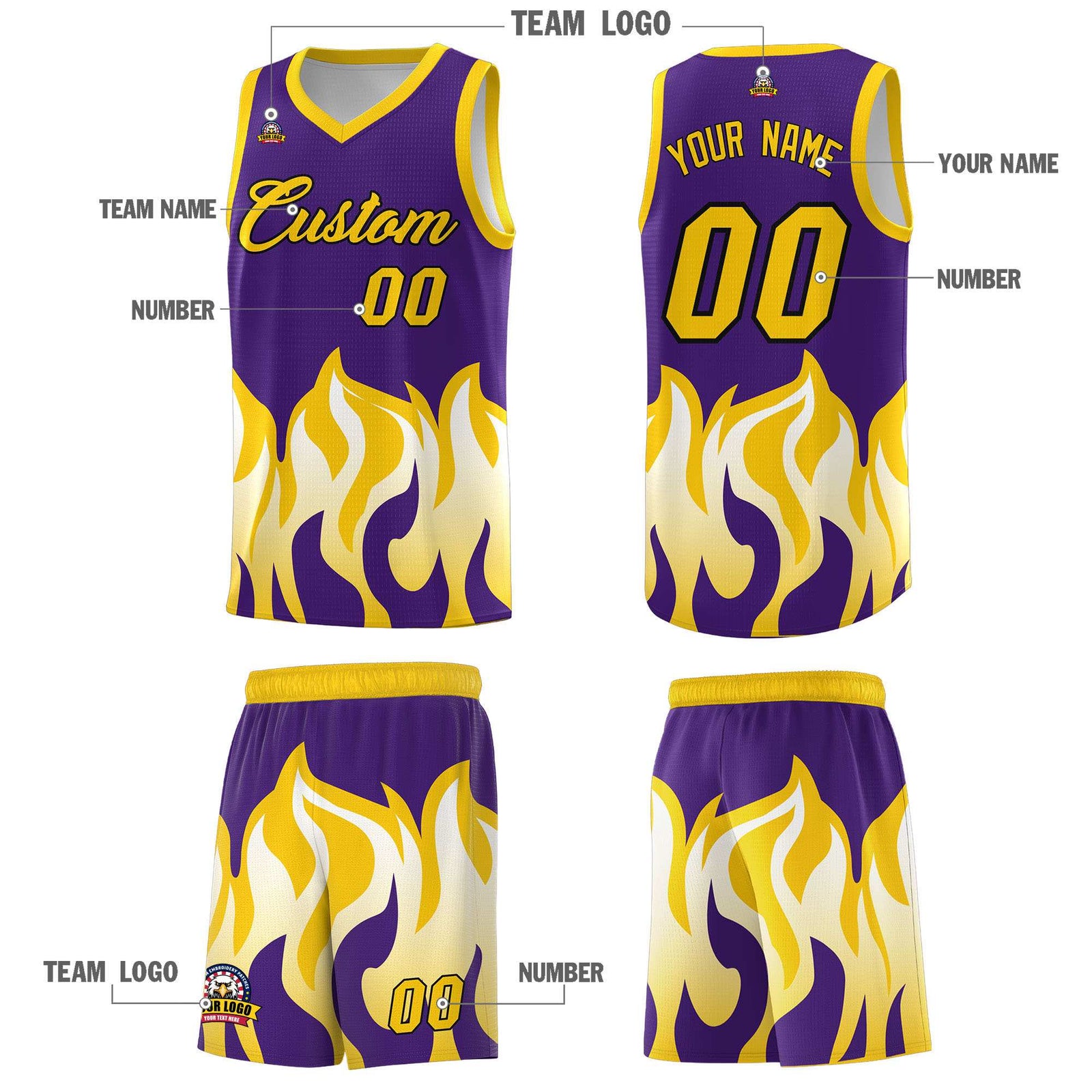 Custom Purple Gold Hem Flame Pattern Fashion Sports Uniform Basketball jersey