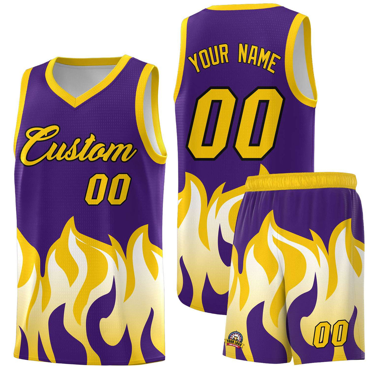 Custom Purple Gold Hem Flame Pattern Fashion Sports Uniform Basketball jersey