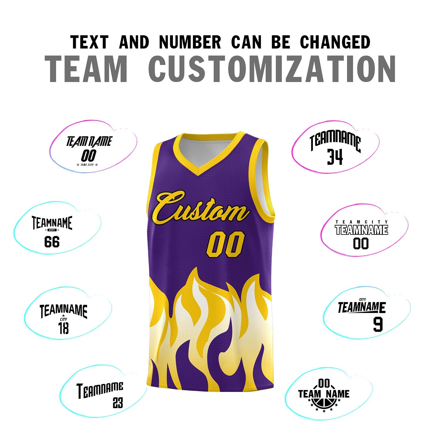 Custom Purple Gold Hem Flame Pattern Fashion Sports Uniform Basketball jersey
