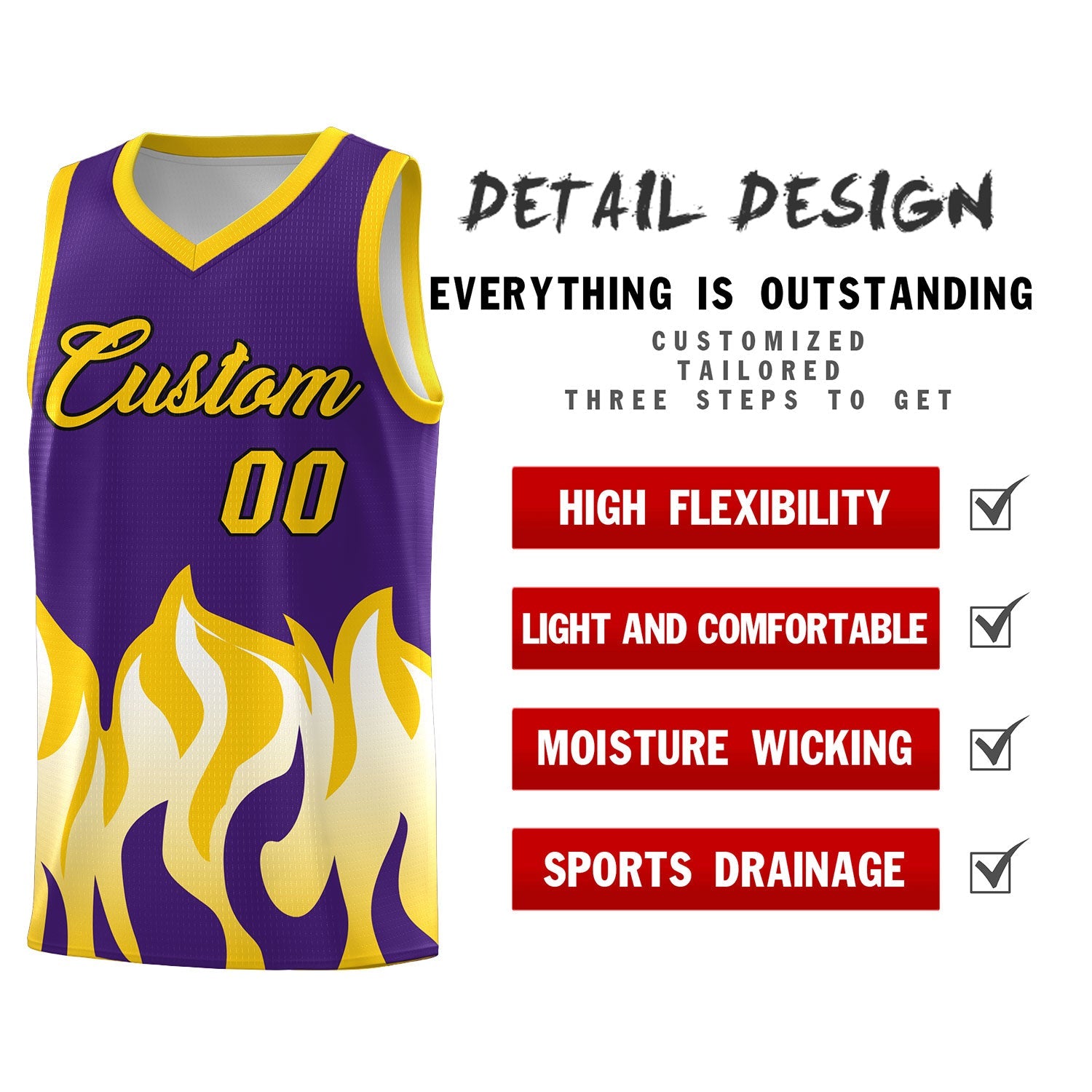 Custom Purple Gold Hem Flame Pattern Fashion Sports Uniform Basketball jersey