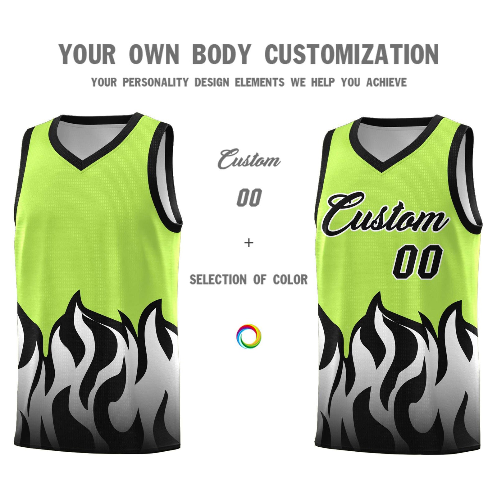 Custom Neon Green Black Hem Flame Pattern Fashion Sports Uniform Basketball jersey