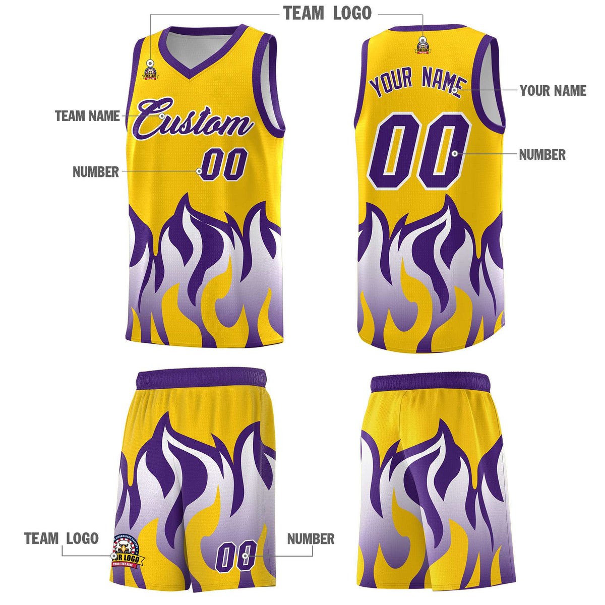 Custom Yellow Purple Hem Flame Pattern Fashion Sports Uniform Basketball jersey