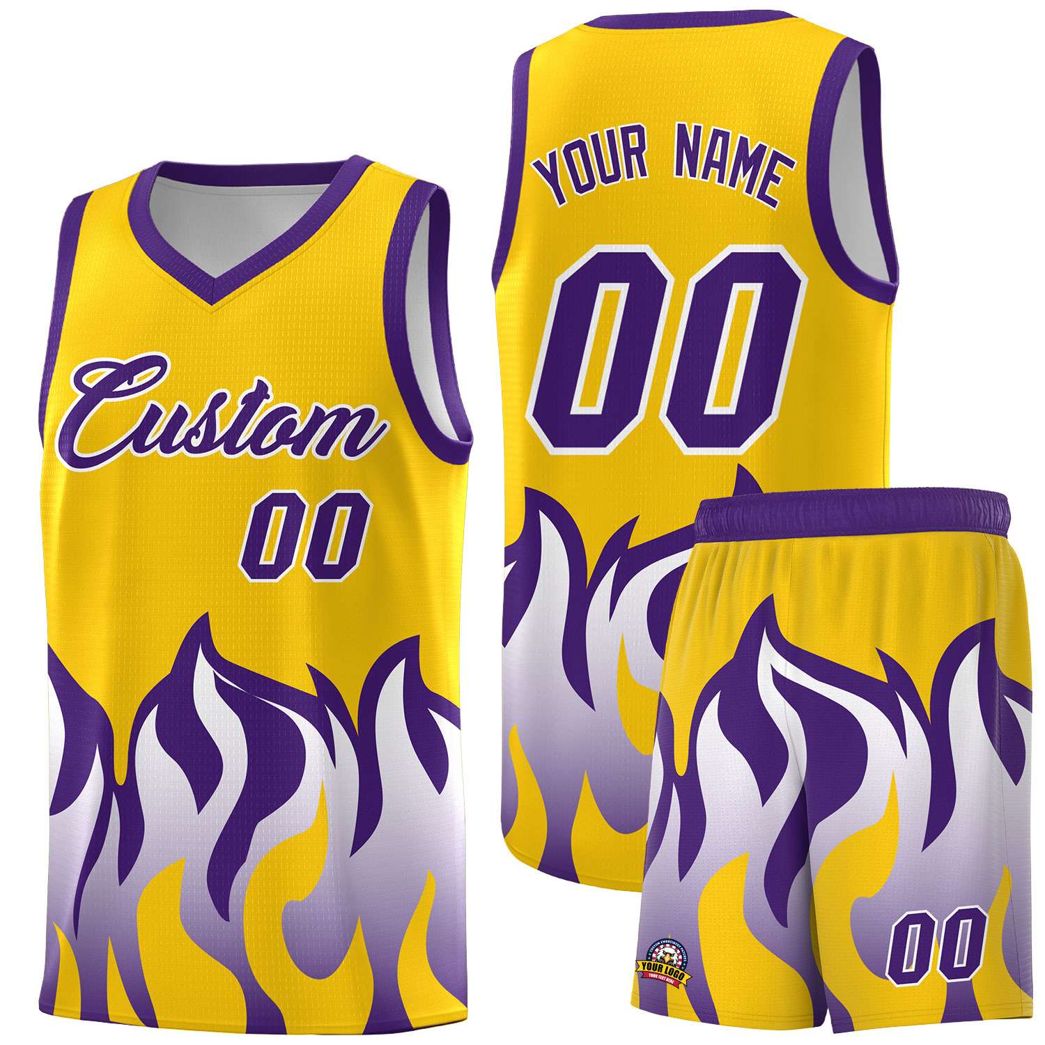 Custom Yellow Purple Hem Flame Pattern Fashion Sports Uniform Basketball jersey