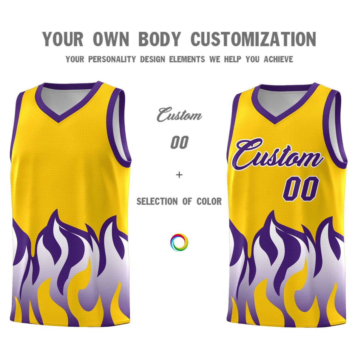 Custom Yellow Purple Hem Flame Pattern Fashion Sports Uniform Basketball jersey