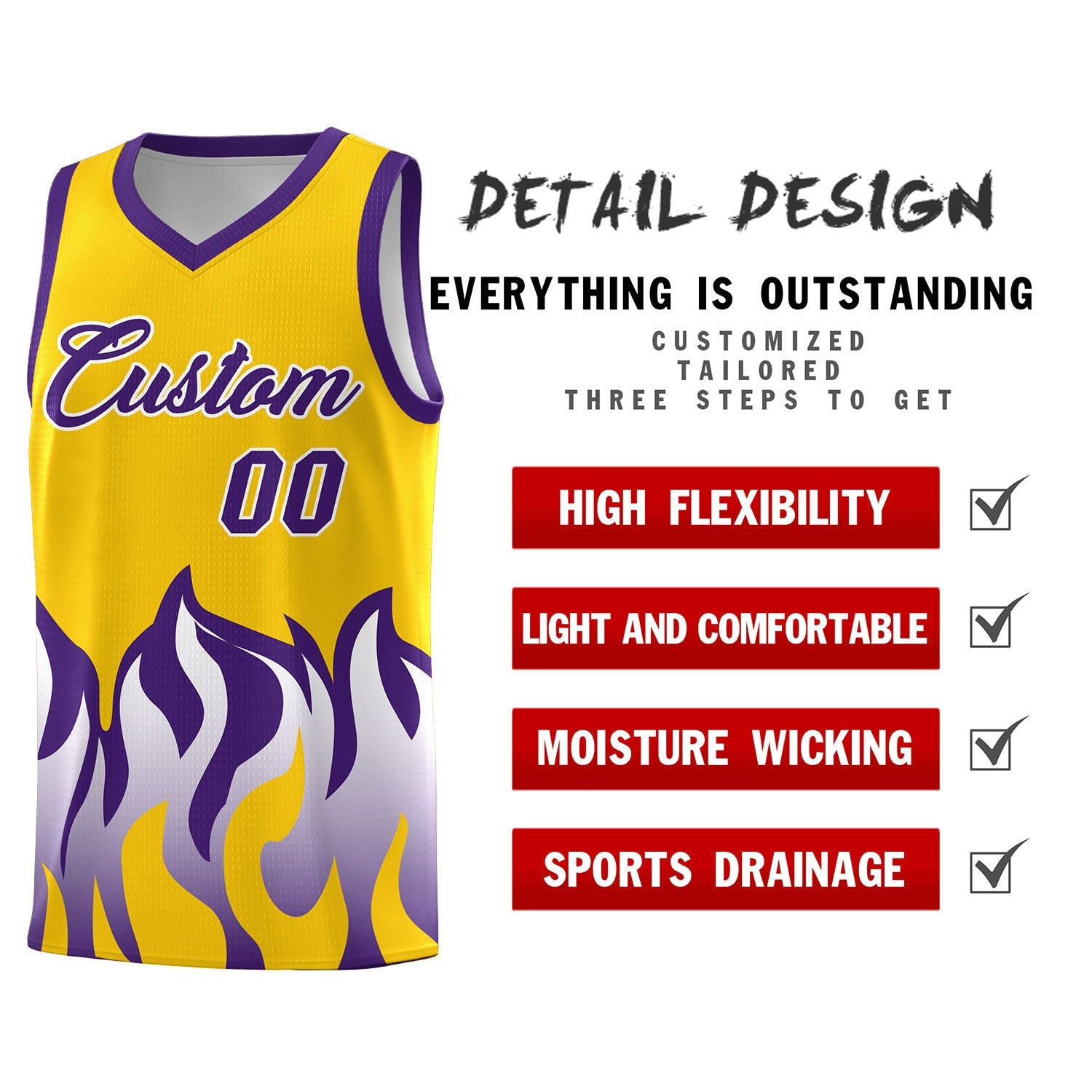 Custom Yellow Purple Hem Flame Pattern Fashion Sports Uniform Basketball jersey