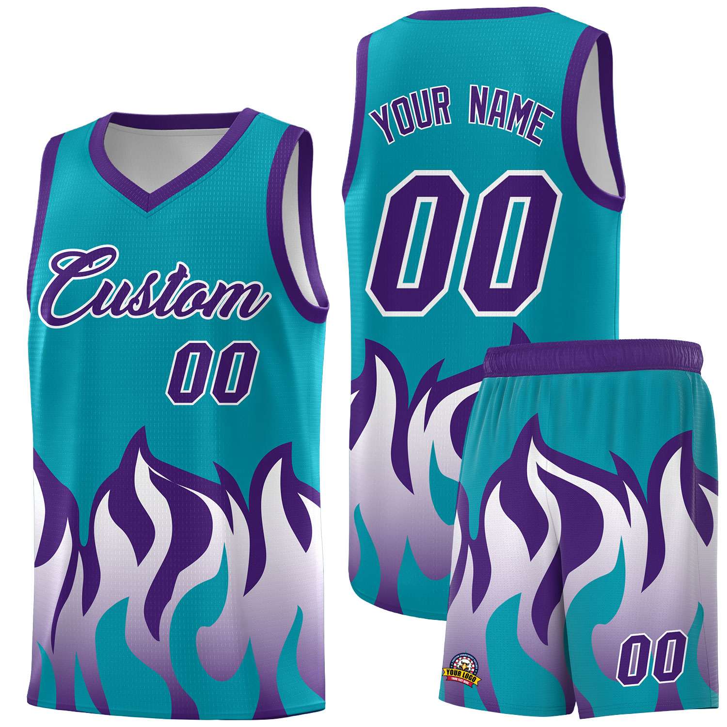 Custom Aqua Purple Hem Flame Pattern Fashion Sports Uniform Basketball jersey