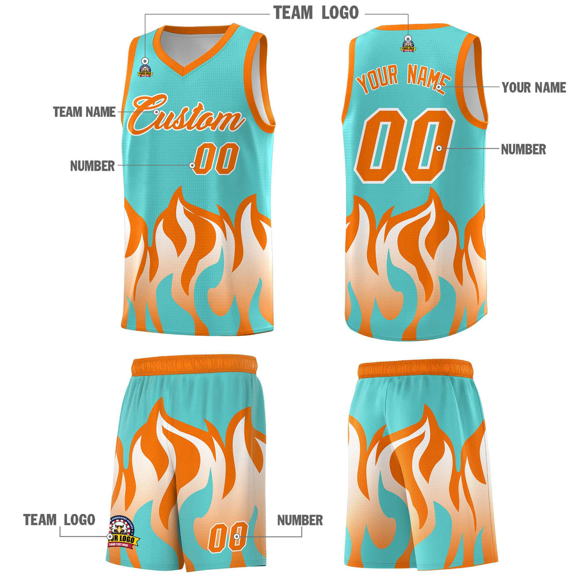Custom Bright Green Orange Hem Flame Pattern Fashion Sports Uniform Basketball jersey