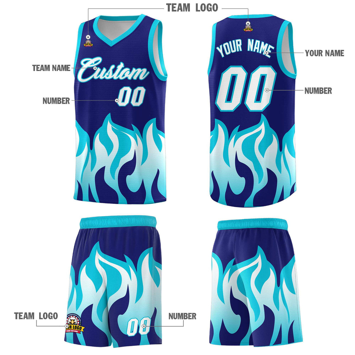 Custom Royal Sky Blue Hem Flame Pattern Fashion Sports Uniform Basketball jersey