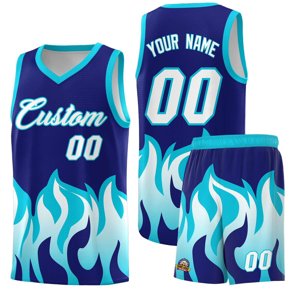 Custom Royal Sky Blue Hem Flame Pattern Fashion Sports Uniform Basketball jersey