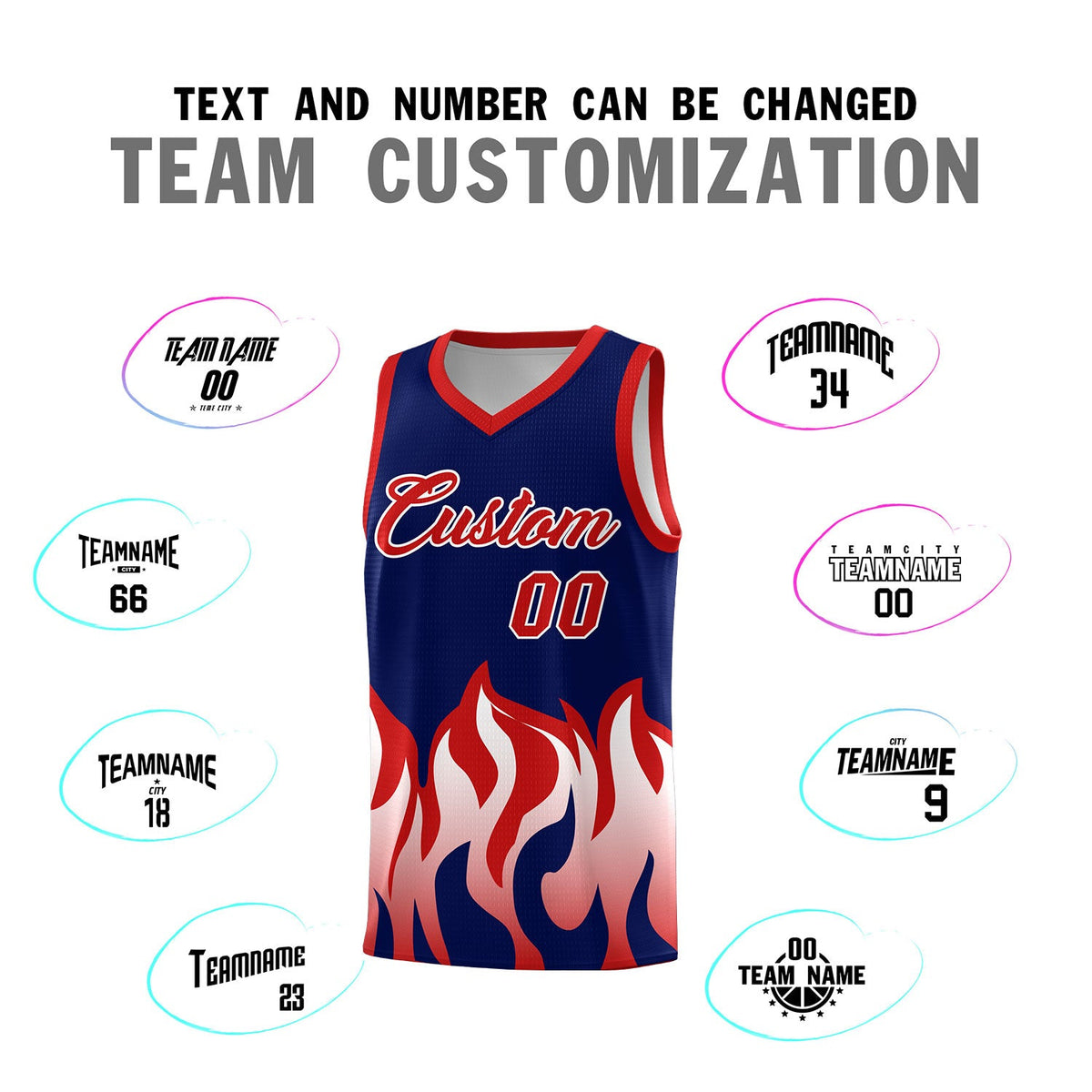 Custom Navy Red Hem Flame Pattern Fashion Sports Uniform Basketball jersey