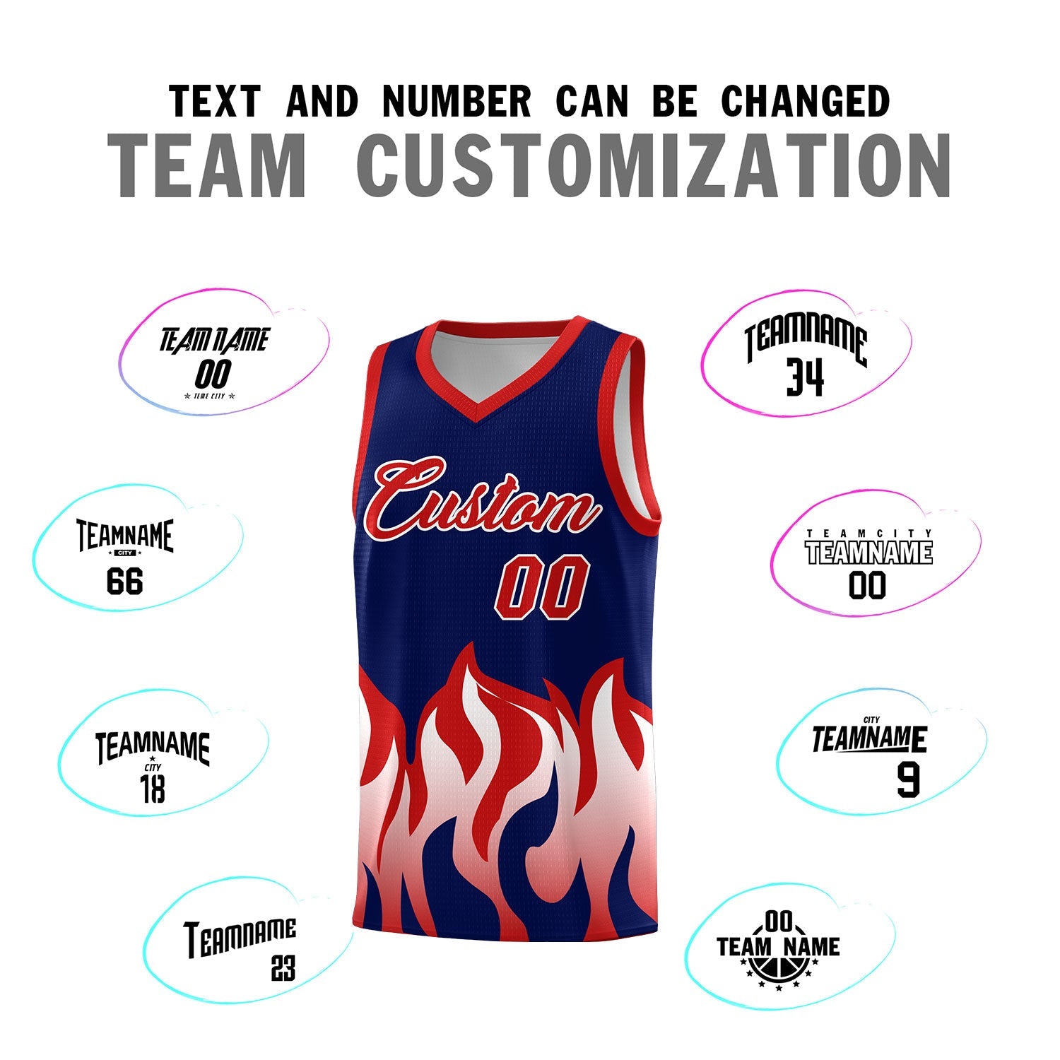 Custom Navy Red Hem Flame Pattern Fashion Sports Uniform Basketball jersey