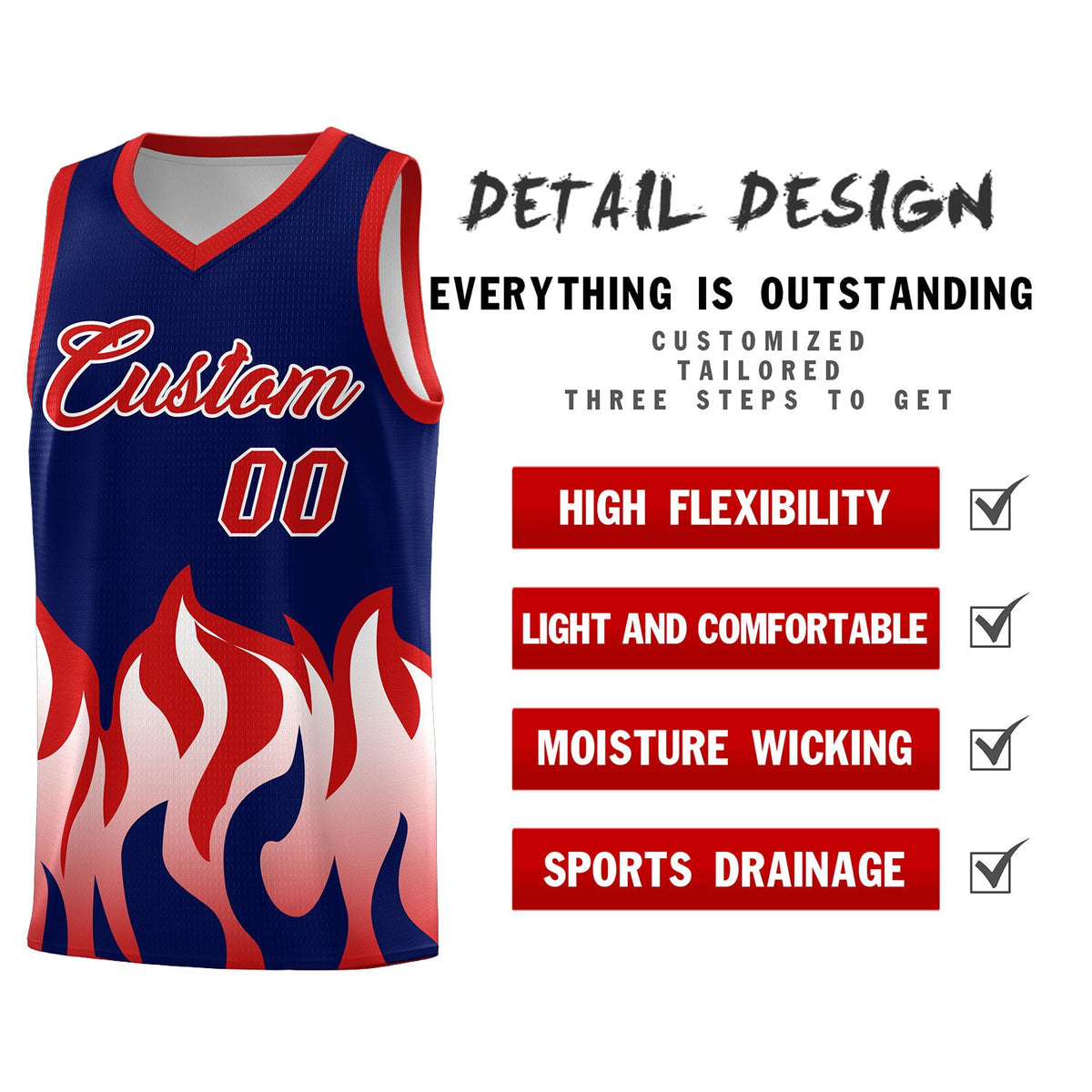 Custom Navy Red Hem Flame Pattern Fashion Sports Uniform Basketball jersey