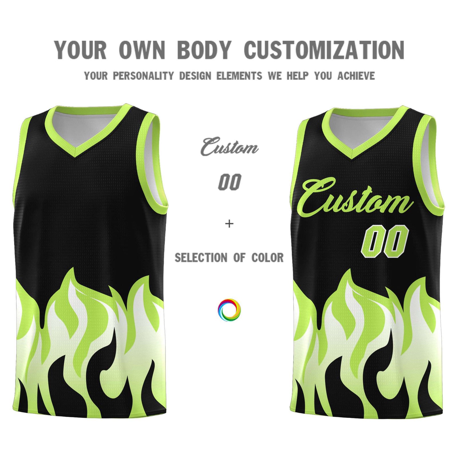 Custom Black Fluorescent Green Hem Flame Pattern Fashion Sports Uniform Basketball jersey