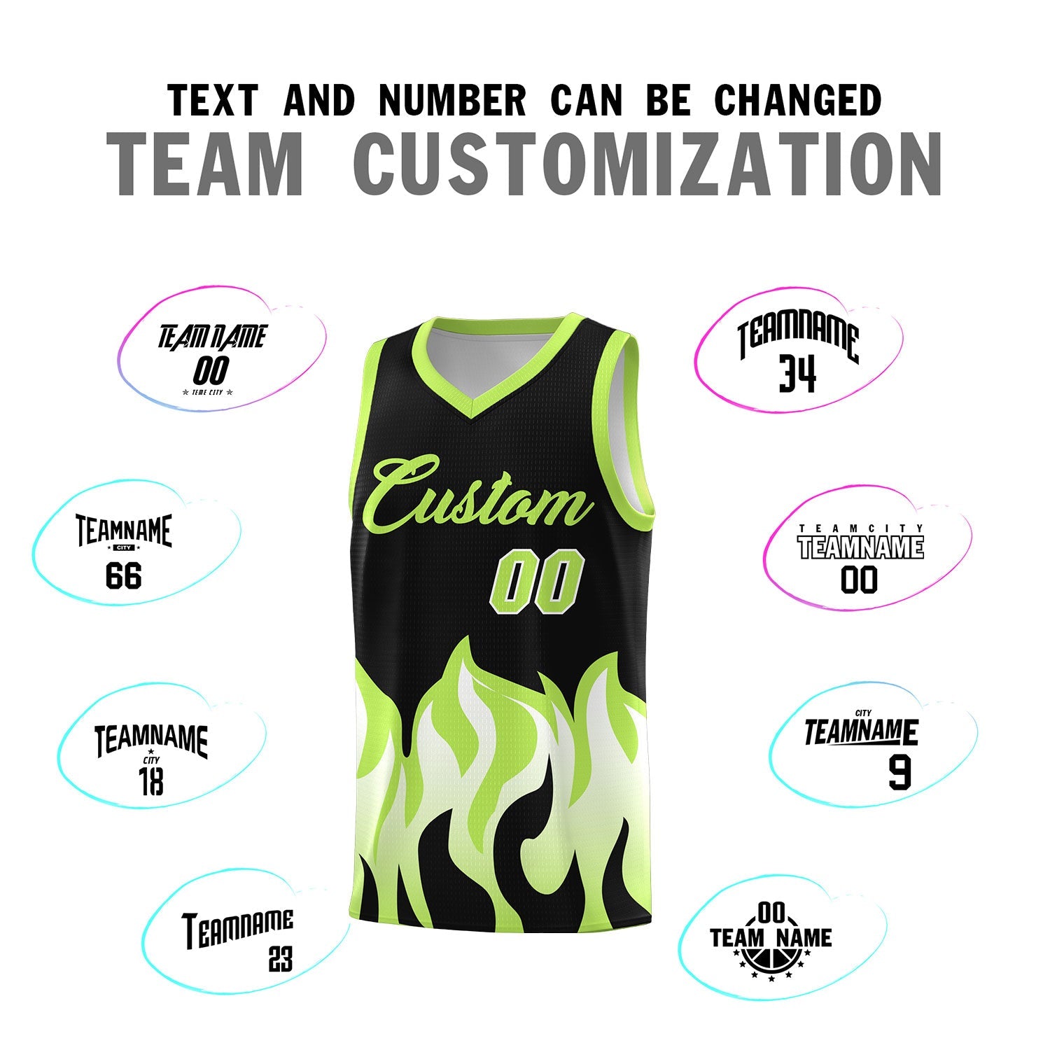 Custom Black Fluorescent Green Hem Flame Pattern Fashion Sports Uniform Basketball jersey