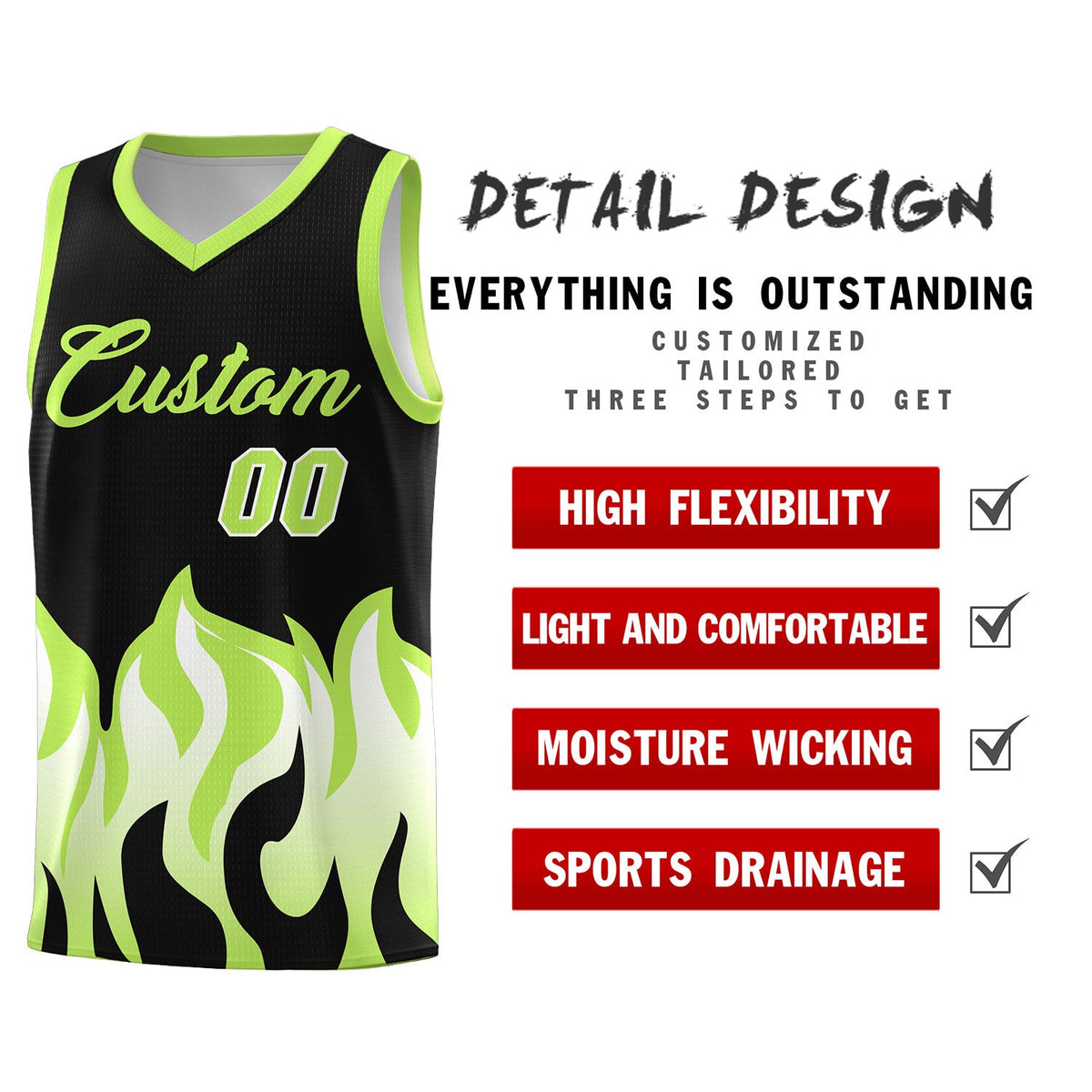 Custom Black Fluorescent Green Hem Flame Pattern Fashion Sports Uniform Basketball jersey