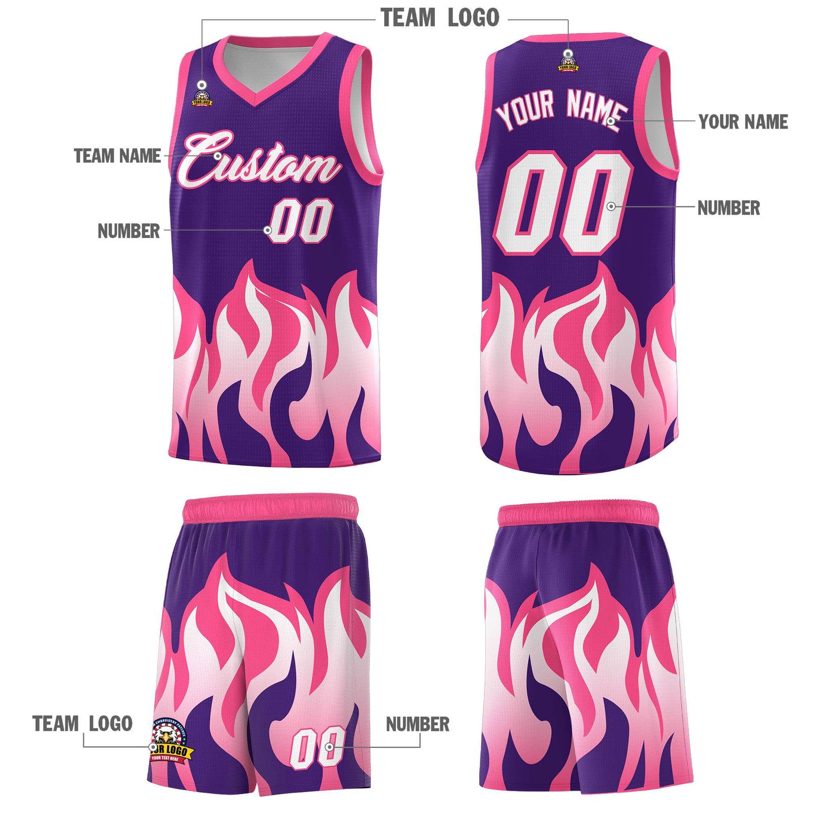 Custom Purple Pink Hem Flame Pattern Fashion Sports Uniform Basketball jersey