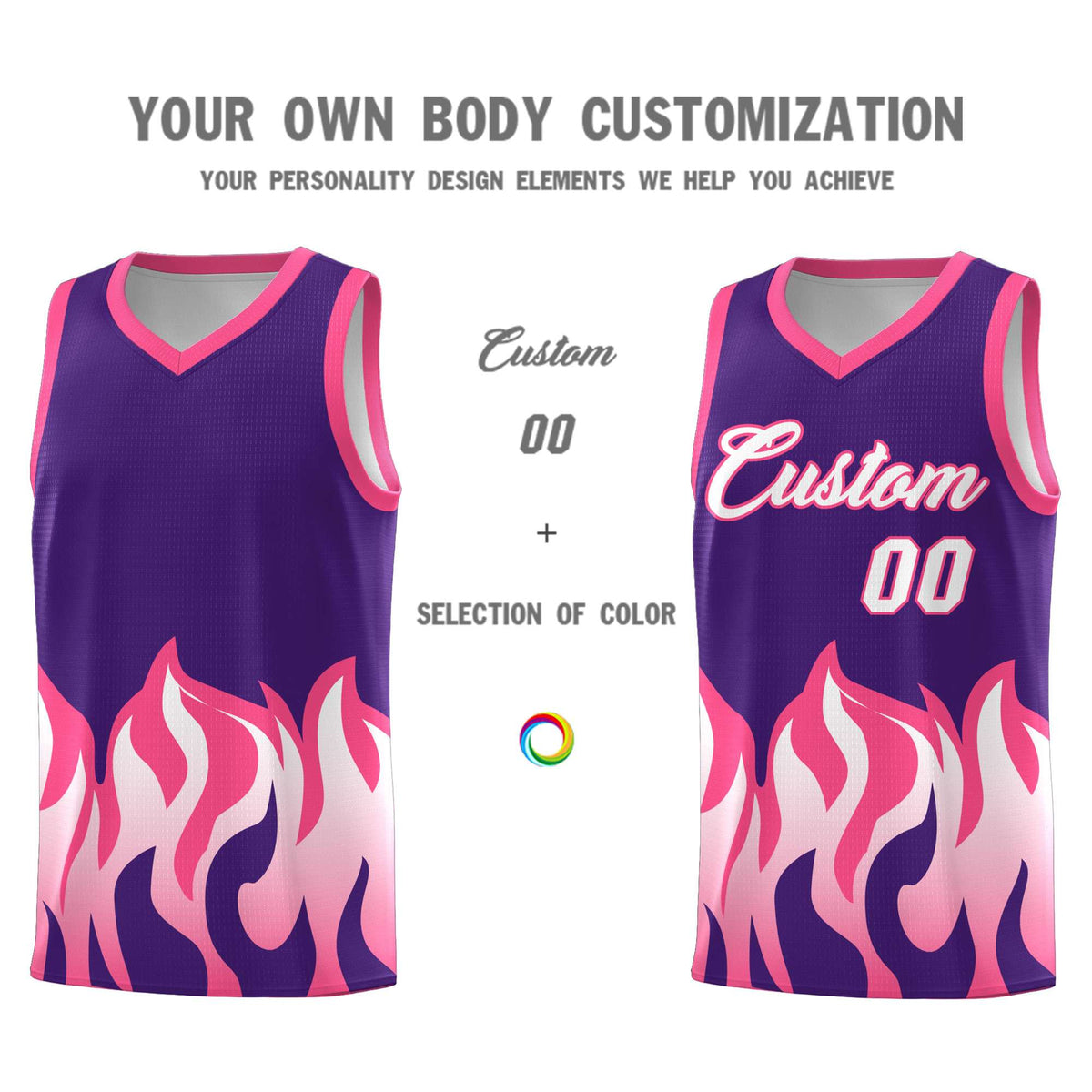 Custom Purple Pink Hem Flame Pattern Fashion Sports Uniform Basketball jersey