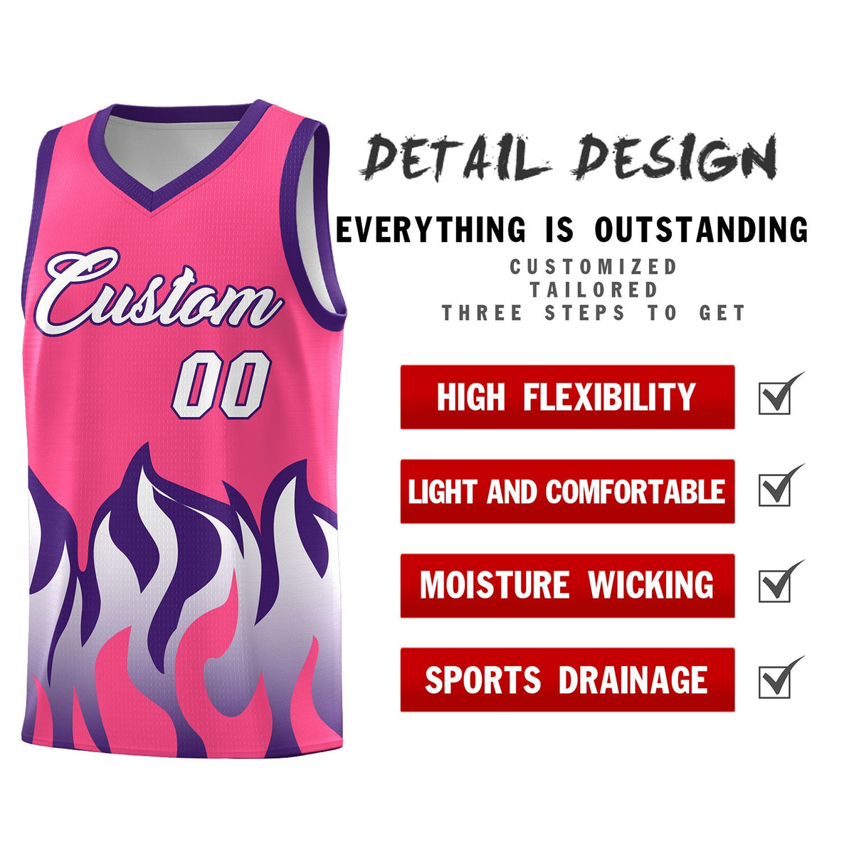 Custom Pink Purple Hem Flame Pattern Fashion Sports Uniform Basketball jersey
