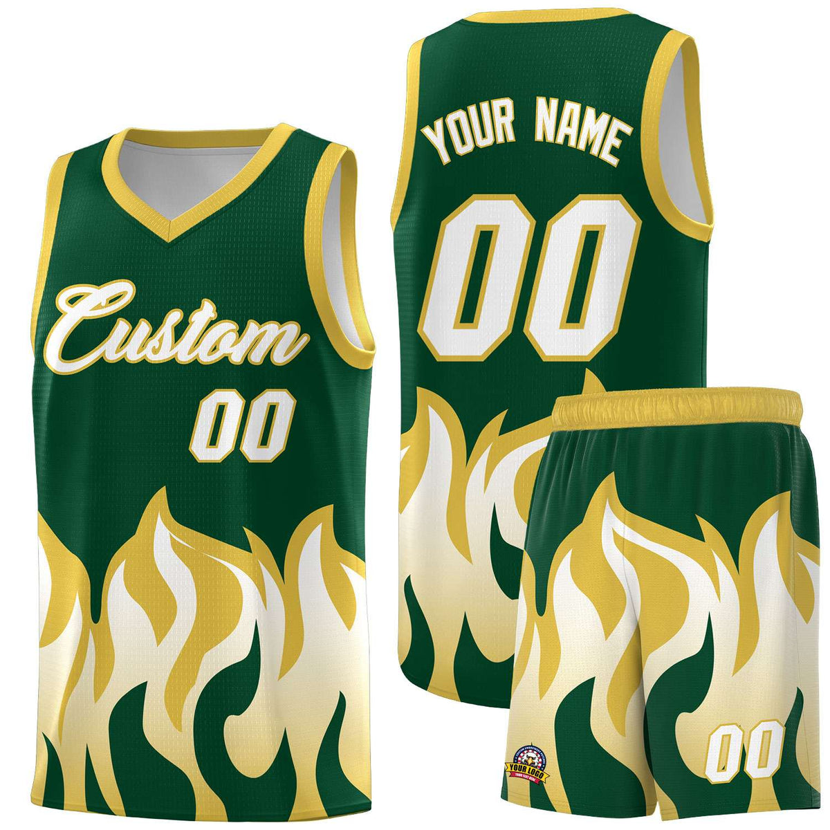 Custom Kelly Green Old Gold Hem Flame Pattern Fashion Sports Uniform Basketball jersey