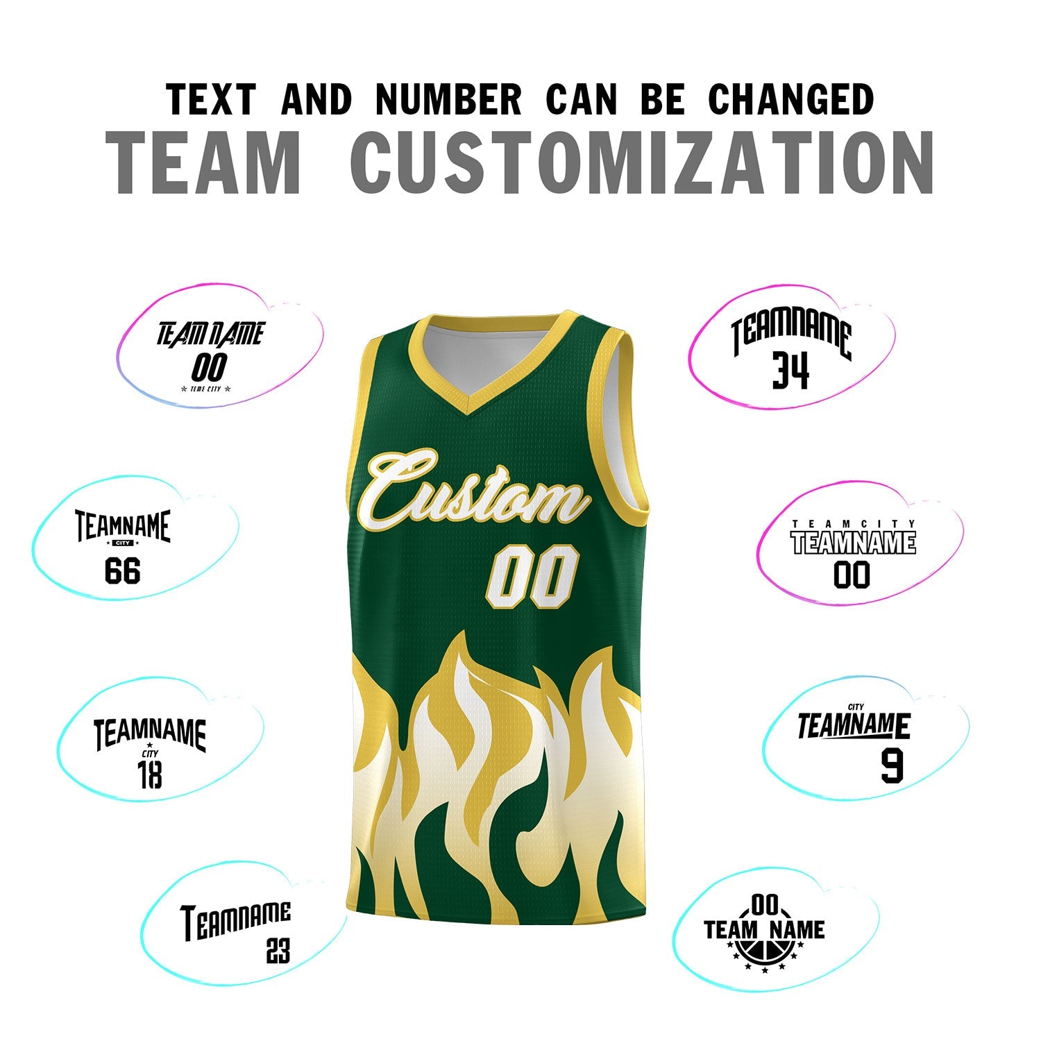 Custom Kelly Green Old Gold Hem Flame Pattern Fashion Sports Uniform Basketball jersey