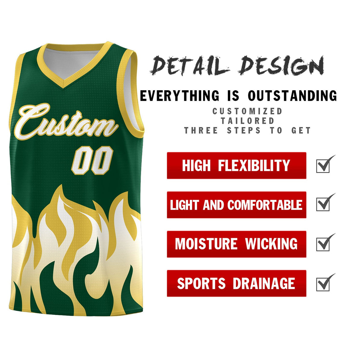 Custom Kelly Green Old Gold Hem Flame Pattern Fashion Sports Uniform Basketball jersey