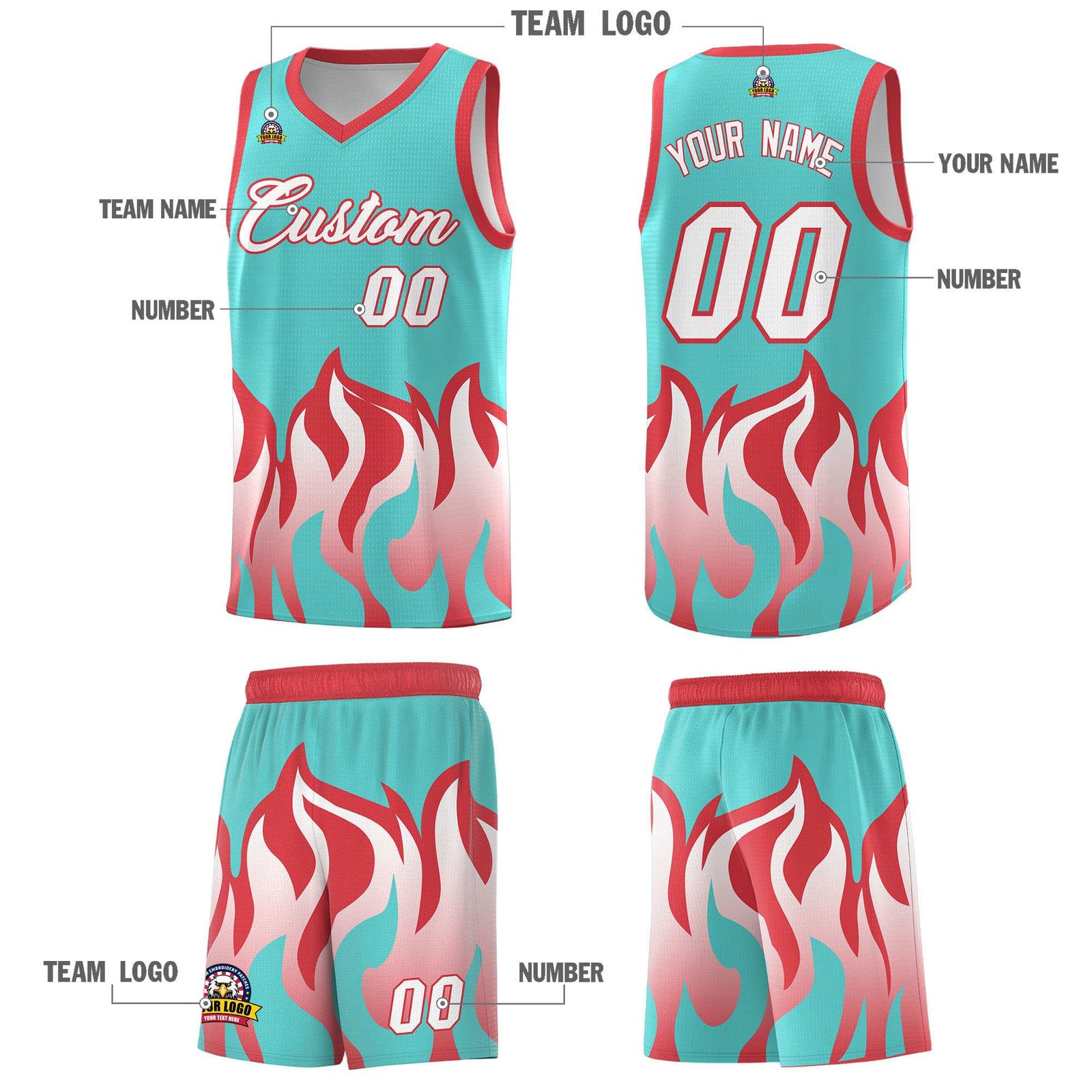 Custom Bright Green Light Red Hem Flame Pattern Fashion Sports Uniform Basketball jersey