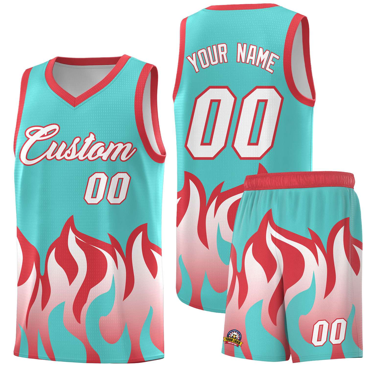 Custom Bright Green Light Red Hem Flame Pattern Fashion Sports Uniform Basketball jersey