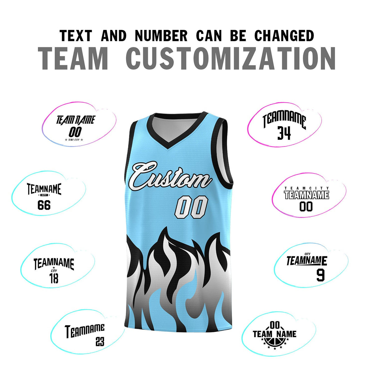 Custom Light Blue Black Hem Flame Pattern Fashion Sports Uniform Basketball jersey