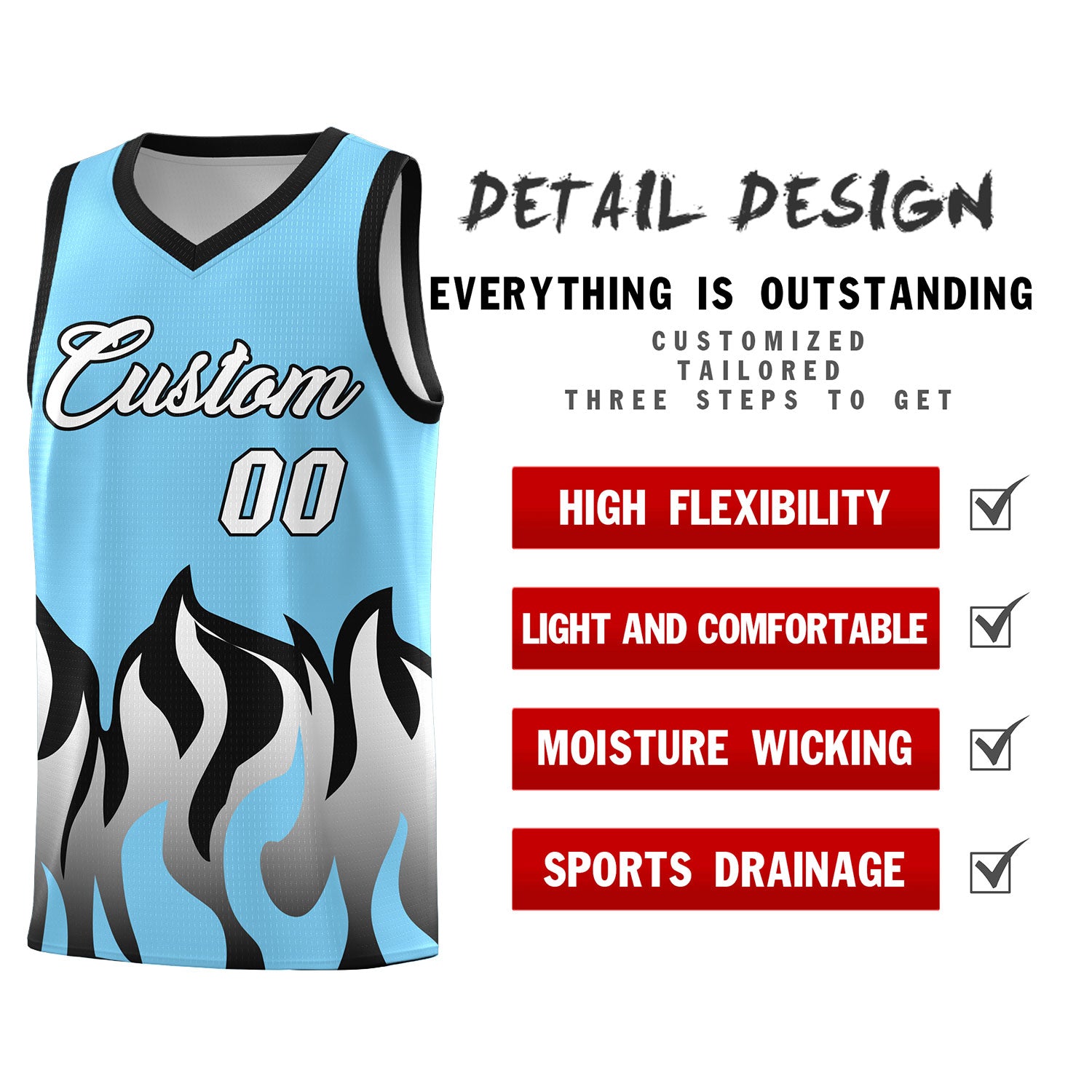 Custom Light Blue Black Hem Flame Pattern Fashion Sports Uniform Basketball jersey