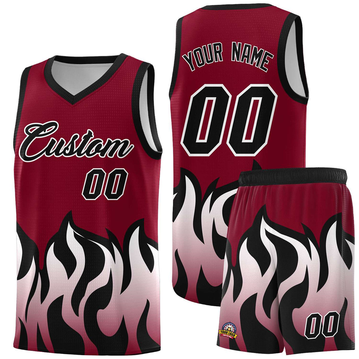 Custom Crimson Black Hem Flame Pattern Fashion Sports Uniform Basketball jersey