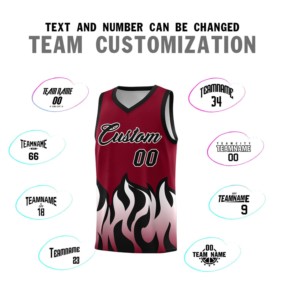 Custom Crimson Black Hem Flame Pattern Fashion Sports Uniform Basketball jersey