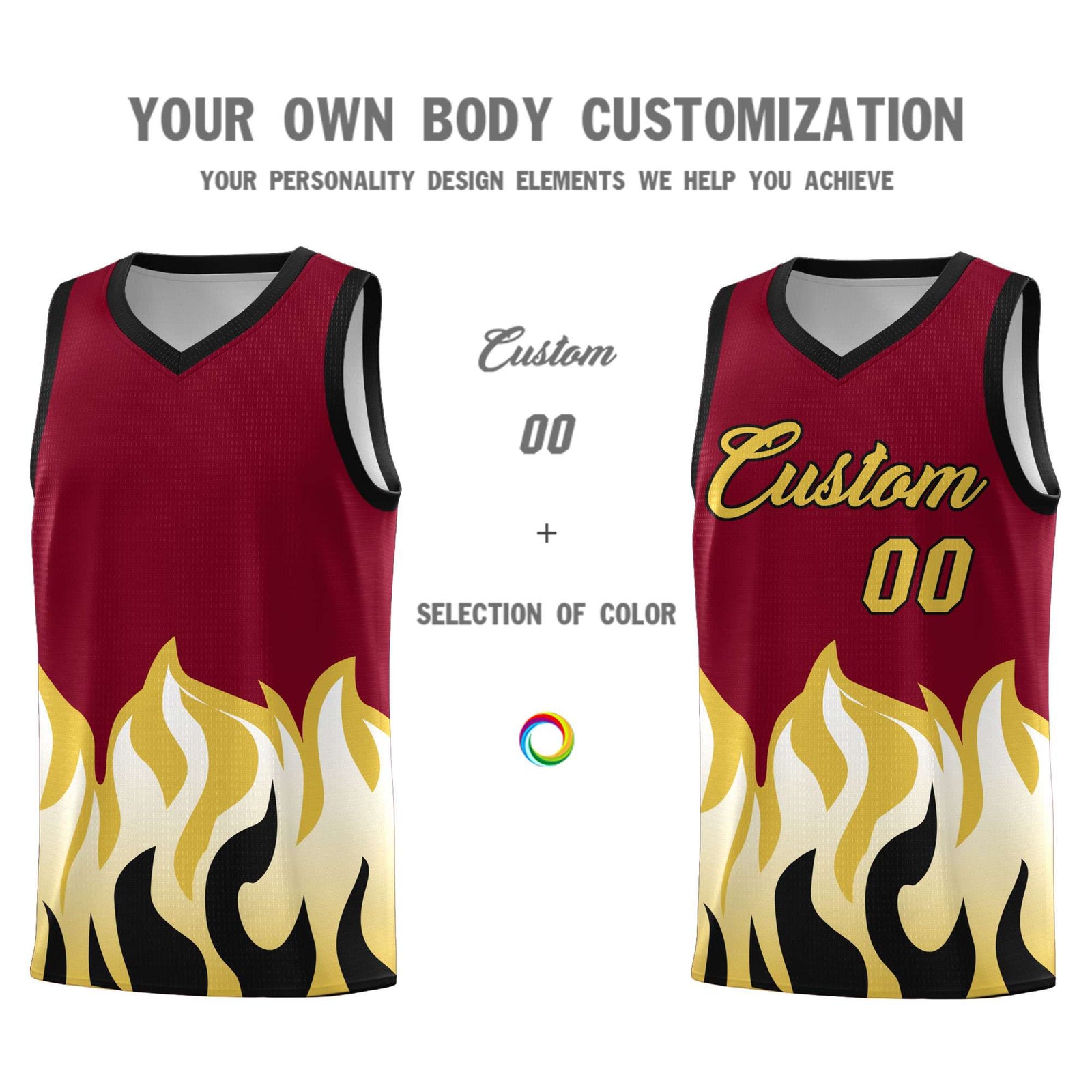 Custom Crimson Old Gold Hem Flame Pattern Fashion Sports Uniform Basketball jersey