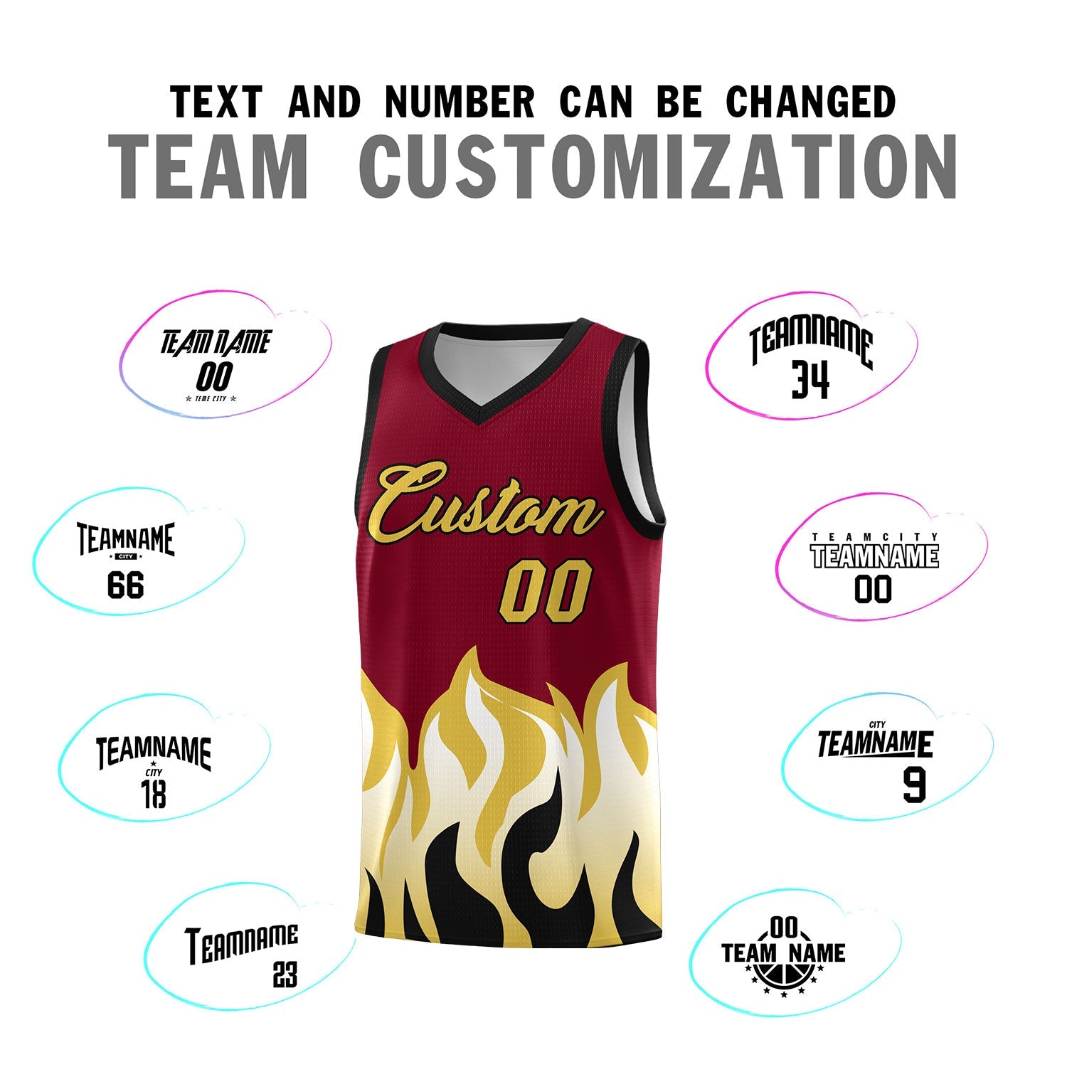 Custom Crimson Old Gold Hem Flame Pattern Fashion Sports Uniform Basketball jersey