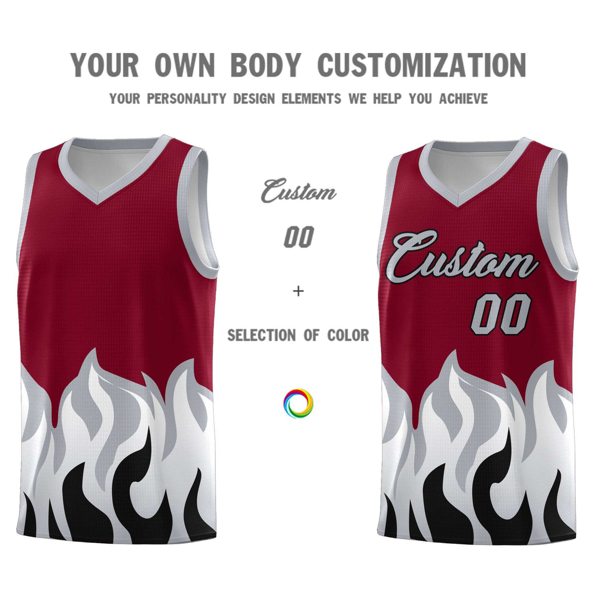 Custom Crimson Gray Hem Flame Pattern Fashion Sports Uniform Basketball jersey