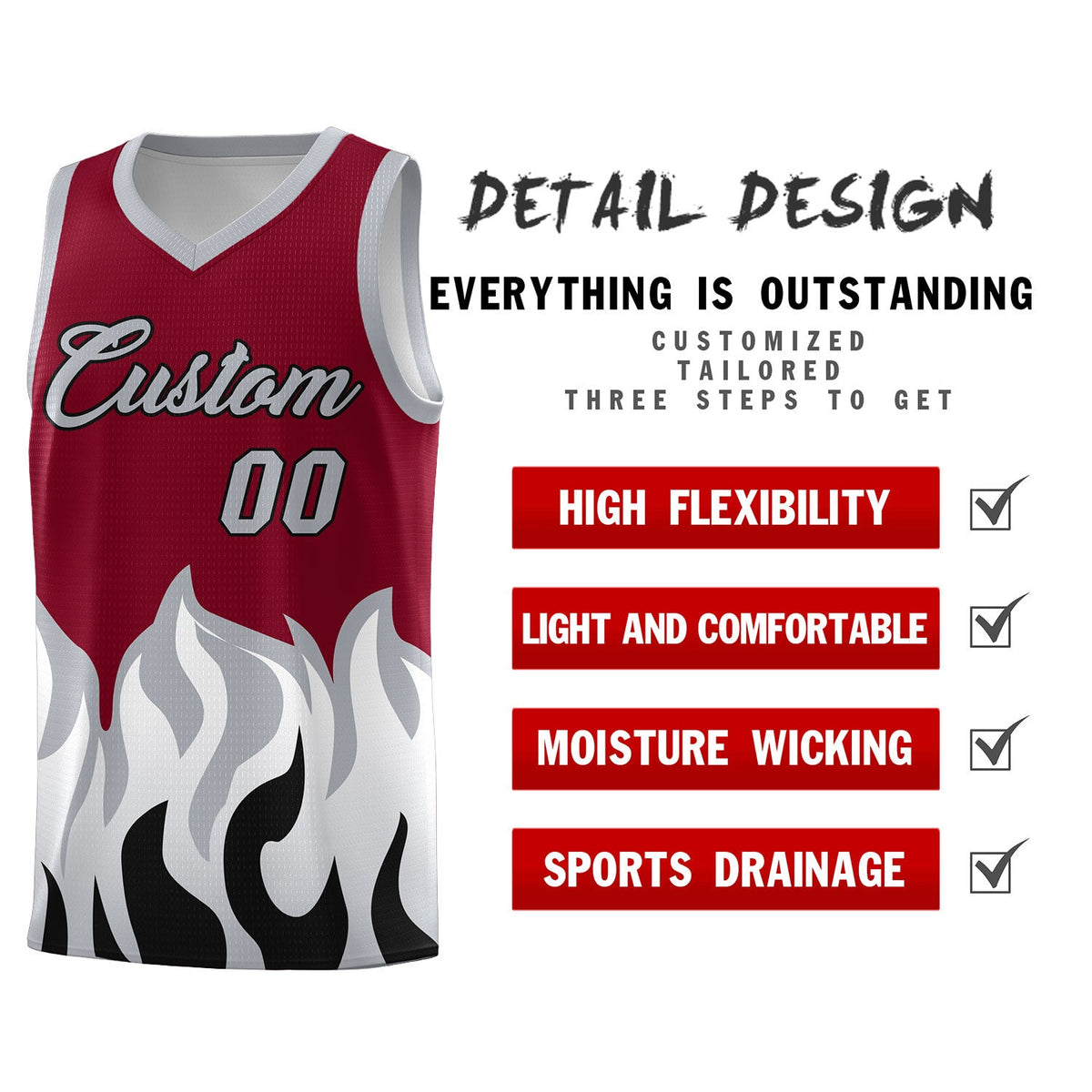 Custom Crimson Gray Hem Flame Pattern Fashion Sports Uniform Basketball jersey