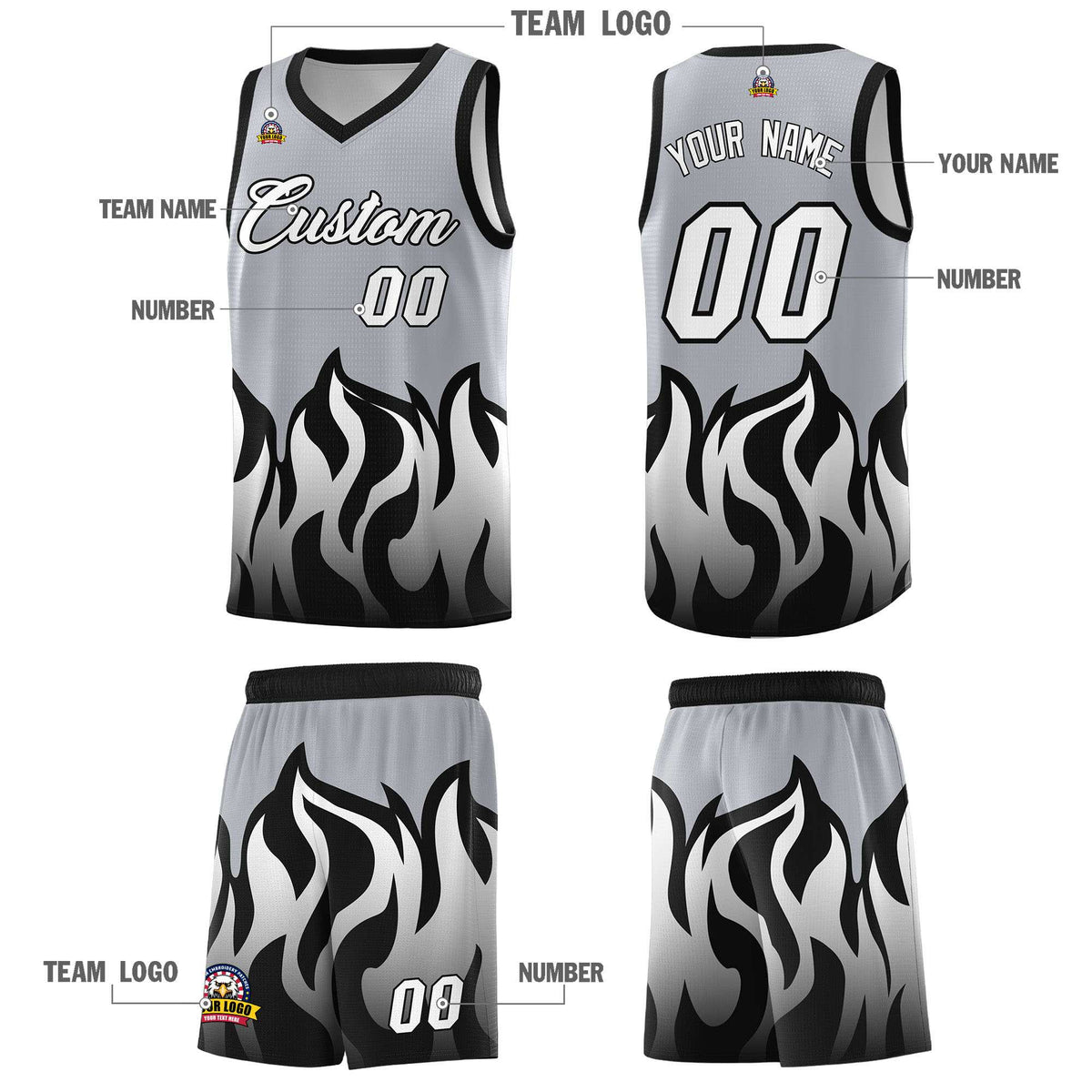 Custom Gray Black Hem Flame Pattern Fashion Sports Uniform Basketball jersey