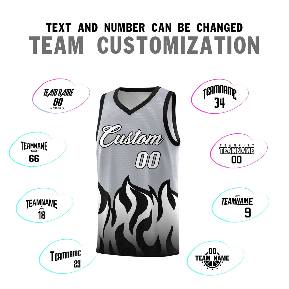 Custom Gray Black Hem Flame Pattern Fashion Sports Uniform Basketball jersey