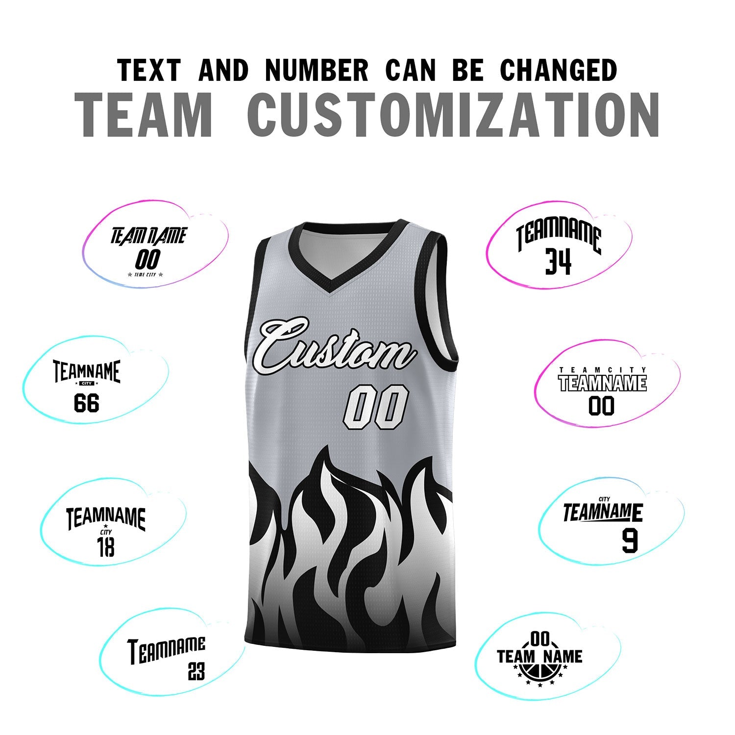 Custom Gray Black Hem Flame Pattern Fashion Sports Uniform Basketball jersey